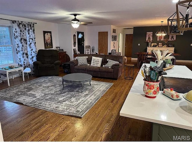 23784 Maries Road 410th Rd, Belle, MO 65013 - living area with wood finished floors, a ceiling fan, and a chandelier