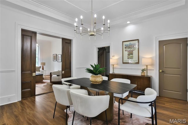 6504 Michigan Ave, Saint Louis, MO 63111 - dining area featuring wood finished floors, ornamental molding, a chandelier, and recessed lighting