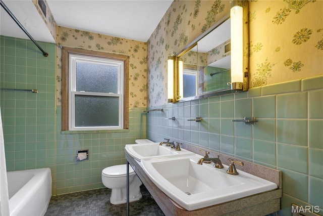 369 Halcyon Dr, Saint Louis, MO 63122 - bathroom with tile walls, wallpapered walls, and tile patterned floors