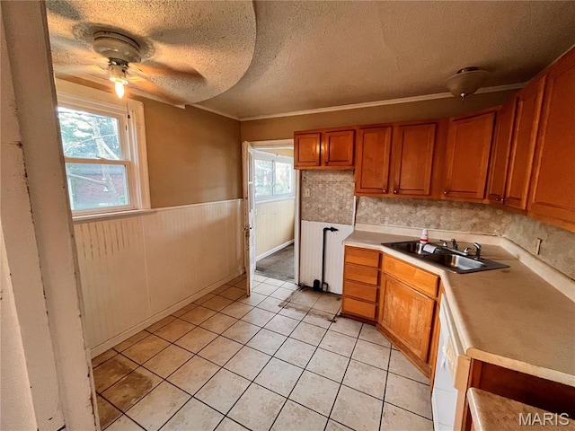 6604 Donald St, Saint Louis, MO 63121 - kitchen featuring radiator heating unit, a textured ceiling, brown cabinetry, wainscoting, and healthy amount of natural light