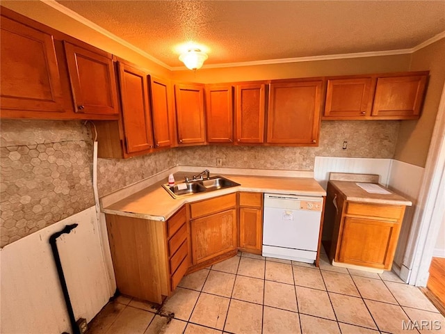 6604 Donald St, Saint Louis, MO 63121 - kitchen with dishwasher, light countertops, a textured ceiling, light tile patterned floors, and brown cabinetry