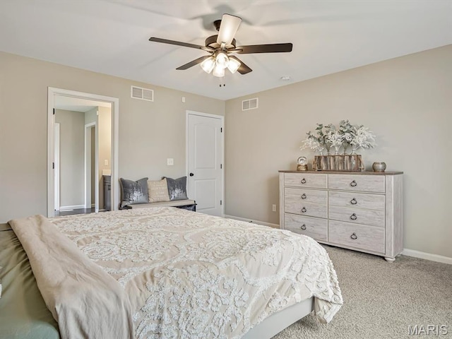 bedroom featuring a ceiling fan, baseboards, and light colored carpet