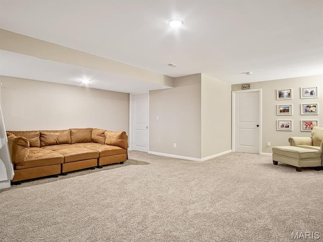 living room with baseboards and carpet