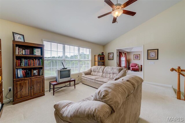 41 Deer Creek Dr, Ofallon, MO 63366 - living area featuring light colored carpet, ceiling fan, baseboards, and high vaulted ceiling