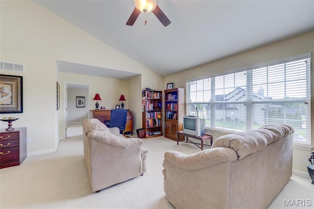 41 Deer Creek Dr, Ofallon, MO 63366 - living area with light colored carpet, ceiling fan, baseboards, and vaulted ceiling