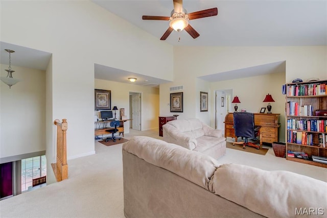 41 Deer Creek Dr, Ofallon, MO 63366 - living room featuring carpet floors, lofted ceiling, a ceiling fan, and baseboards