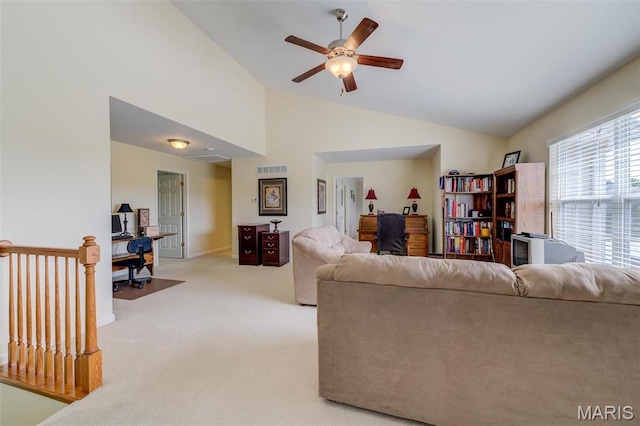 41 Deer Creek Dr, Ofallon, MO 63366 - living room with a desk, vaulted ceiling, light carpet, a ceiling fan, and baseboards