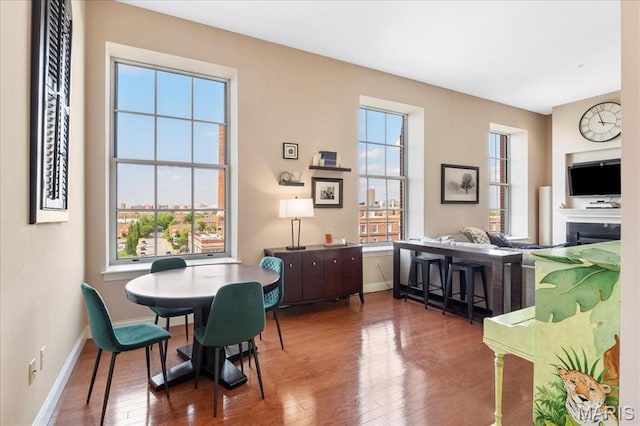 dining space featuring wood finished floors, baseboards, and a fireplace