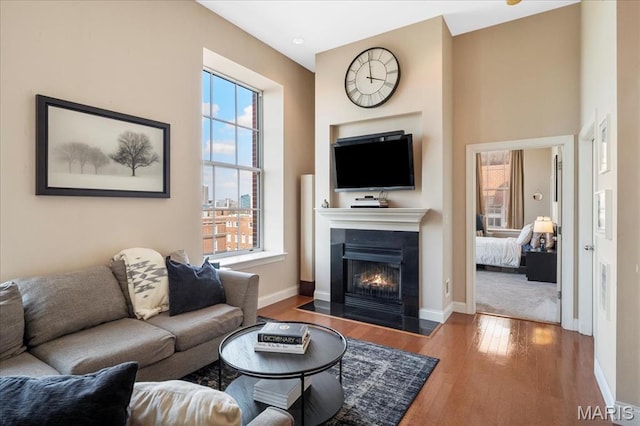living area featuring wood finished floors, a lit fireplace, and baseboards