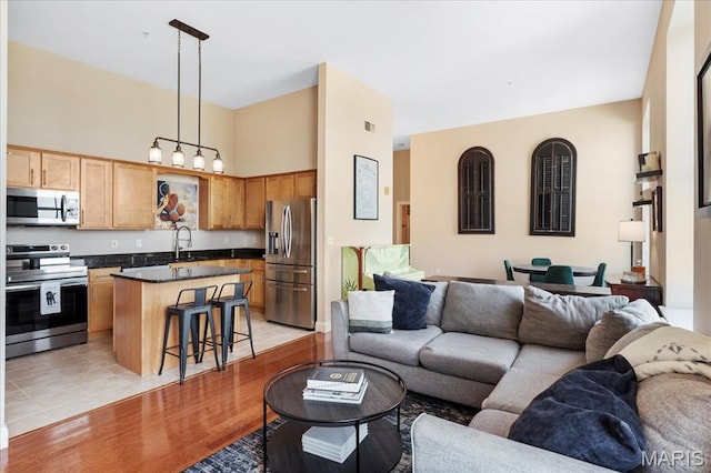 living area featuring light wood-type flooring and a towering ceiling