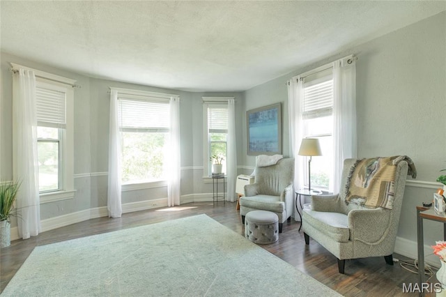 sitting room with wood finished floors, baseboards, and a textured ceiling