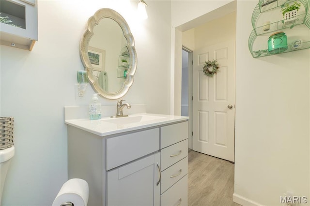 bathroom with wood finished floors and vanity