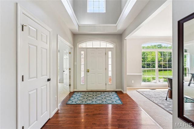 entrance foyer featuring hardwood / wood-style flooring, ornamental molding, and baseboards