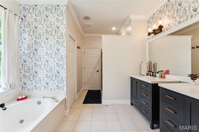 full bathroom with crown molding, a garden tub, vanity, baseboards, and tile patterned floors