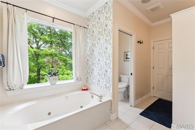 full bathroom featuring a tub with jets, ornamental molding, toilet, healthy amount of natural light, and tile patterned flooring