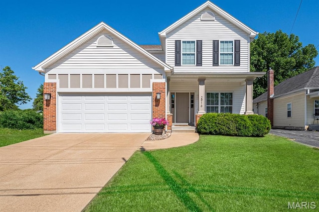 2916 Collier Ave, Saint Louis, MO 63144 - view of front facade with brick siding, driveway, a front lawn, an attached garage, and a porch