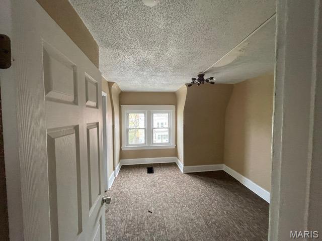 additional living space featuring a textured ceiling, carpet, and baseboards
