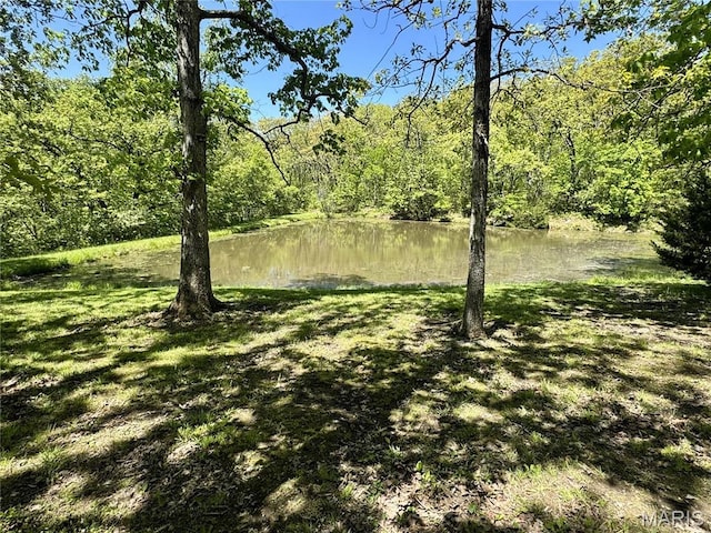 view of green lawn with a forest view and a water view