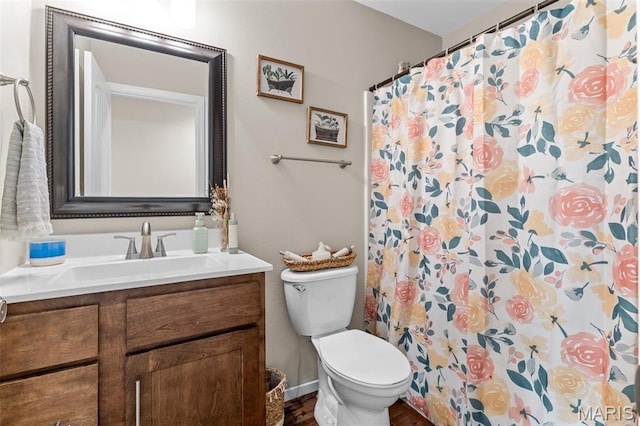 710 Skye View Ct, Farmington, MO 63640 - full bath with toilet, vanity, wood finished floors, and curtained shower