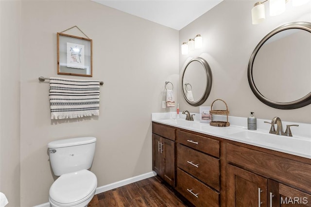 710 Skye View Ct, Farmington, MO 63640 - bathroom with baseboards, wood finished floors, toilet, and double vanity
