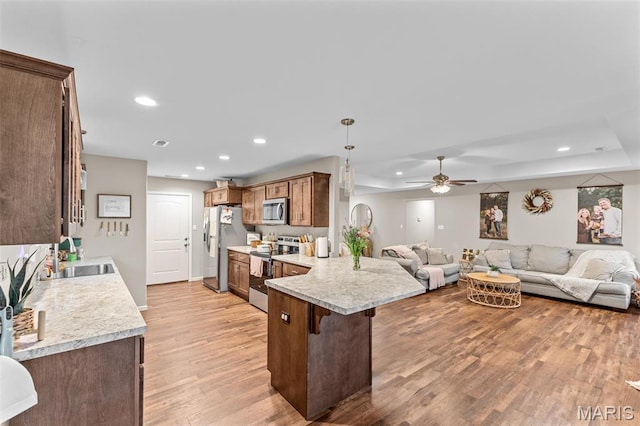 710 Skye View Ct, Farmington, MO 63640 - kitchen with appliances with stainless steel finishes, a sink, a peninsula, a breakfast bar, and light wood-style floors