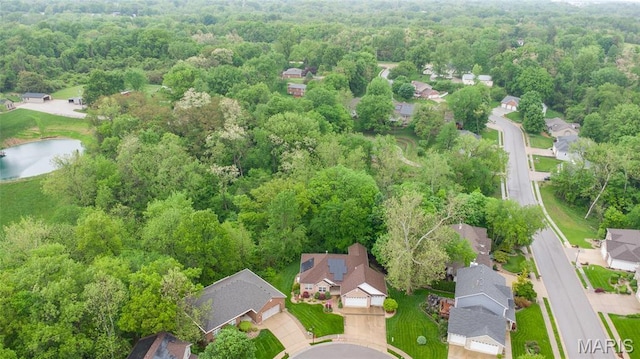 aerial view of residential area with a heavily wooded area and a large body of water
