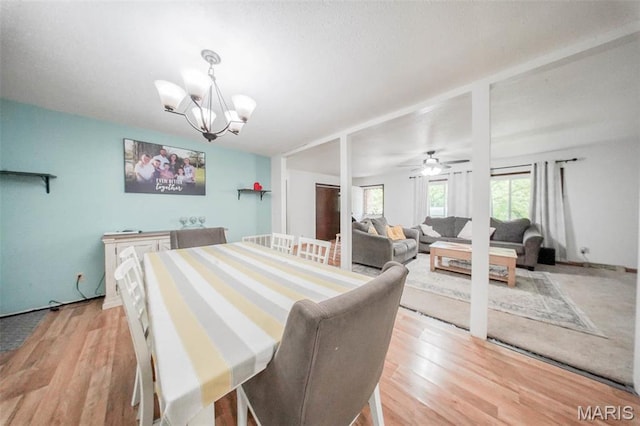 dining space featuring wood finished floors, a chandelier, and a ceiling fan