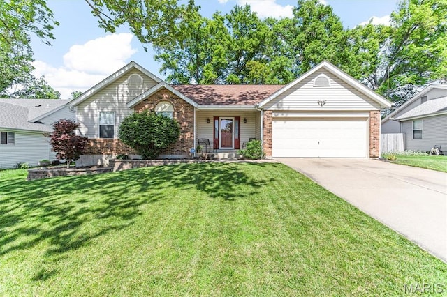 single story home with brick siding, a garage, concrete driveway, and a front lawn
