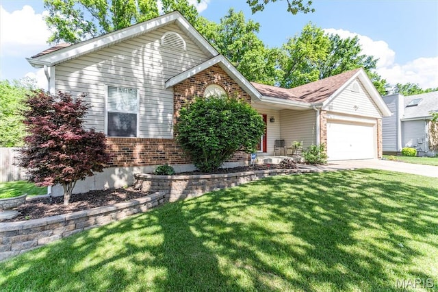 single story home with brick siding, an attached garage, driveway, and a front yard