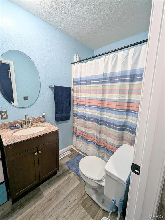 631 W Victor St, Poplar Bluff, MO 63901 - full bathroom with a textured ceiling, wood finished floors, toilet, vanity, and a shower with shower curtain