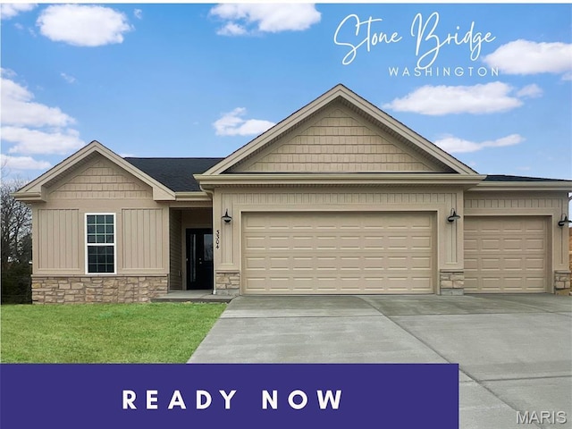3304 Nat View Ct, Washington, MO 63090 - view of front facade featuring stone siding, concrete driveway, a garage, a front lawn, and board and batten siding