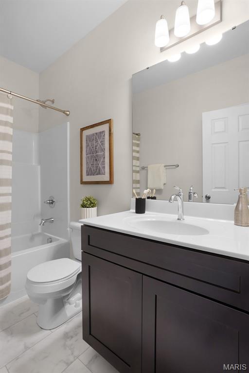 3304 Nat View Ct, Washington, MO 63090 - full bathroom featuring vanity, marble finish floors, and shower / tub combo with curtain