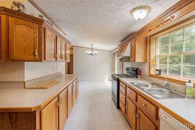 24 Clonts Rd, Sullivan, MO 63080 - kitchen featuring range with electric cooktop, light countertops, a chandelier, white dishwasher, and crown molding