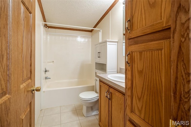 24 Clonts Rd, Sullivan, MO 63080 - bathroom with shower / bathtub combination, tile patterned flooring, a textured ceiling, vanity, and crown molding