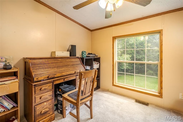 24 Clonts Rd, Sullivan, MO 63080 - office featuring light colored carpet, crown molding, a ceiling fan, lofted ceiling, and a textured ceiling