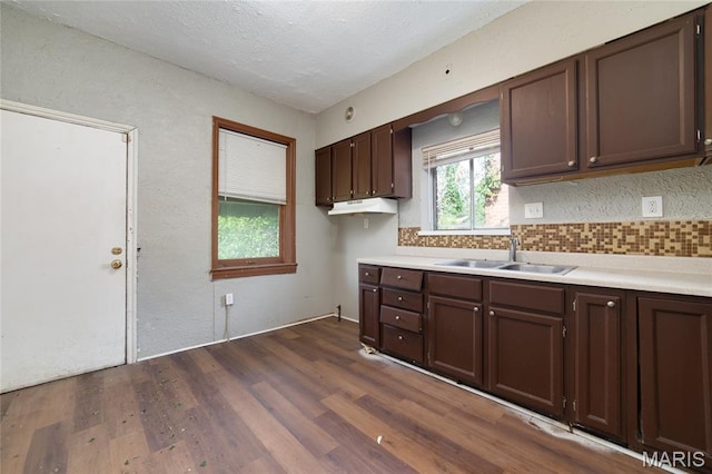 4210 E Carter Ave, Saint Louis, MO 63115 - kitchen featuring a sink, dark wood finished floors, backsplash, light countertops, and dark brown cabinets