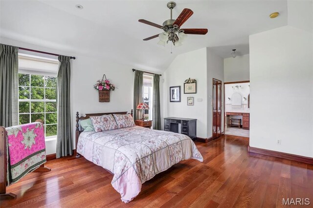 3033 Oakvale Rd, De Soto, MO 63020 - bedroom with vaulted ceiling, wood finished floors, baseboards, and a ceiling fan