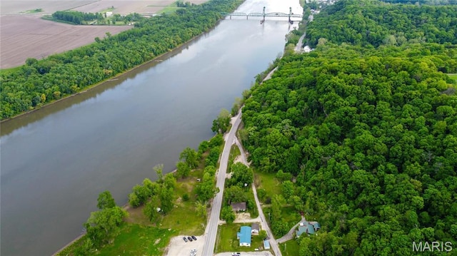 view of property location with a large body of water and a heavily wooded area