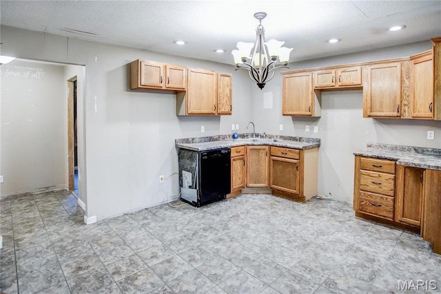kitchen featuring a chandelier, decorative light fixtures, dishwasher, light stone countertops, and recessed lighting