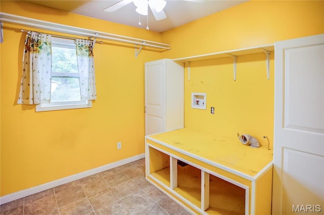 washroom featuring hookup for a washing machine, baseboards, and a ceiling fan