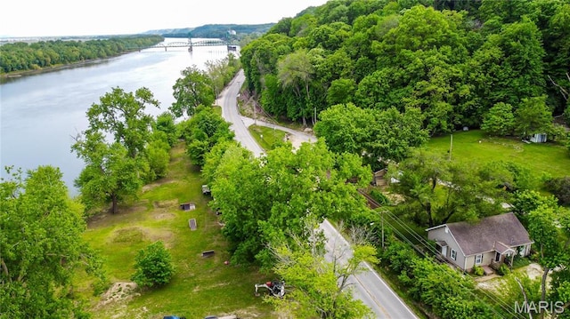aerial view of a nearby body of water and a notable bridge
