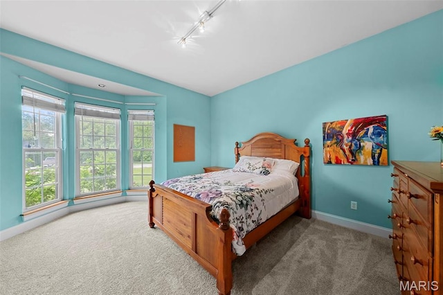 carpeted bedroom with baseboards and rail lighting