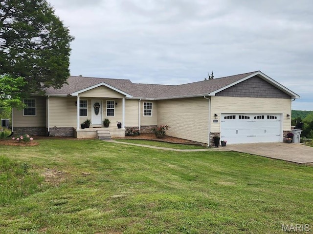 ranch-style house with an attached garage, concrete driveway, a front lawn, and a shingled roof