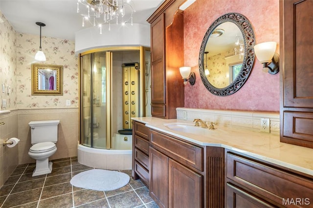 505 Thompson Ln, Arcadia, MO 63621 - full bath with wallpapered walls, vanity, tile patterned floors, and a wainscoted wall