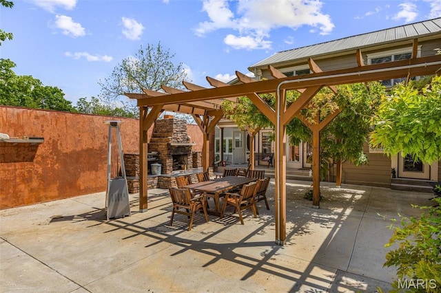 505 Thompson Ln, Arcadia, MO 63621 - view of patio featuring an outdoor stone fireplace, a pergola, and outdoor dining area