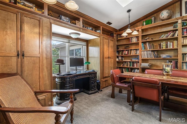 505 Thompson Ln, Arcadia, MO 63621 - office area with light carpet, wood walls, and vaulted ceiling