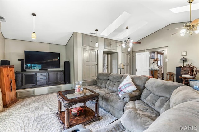 505 Thompson Ln, Arcadia, MO 63621 - living room featuring a skylight, a ceiling fan, lofted ceiling, and carpet flooring
