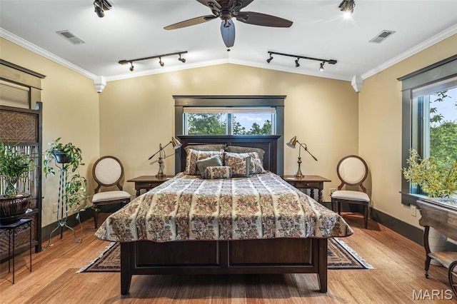 505 Thompson Ln, Arcadia, MO 63621 - bedroom featuring track lighting, light wood-style flooring, multiple windows, and ornamental molding