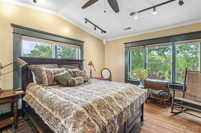 505 Thompson Ln, Arcadia, MO 63621 - bedroom with rail lighting, ornamental molding, light wood-style floors, vaulted ceiling, and a ceiling fan