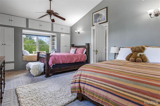 505 Thompson Ln, Arcadia, MO 63621 - bedroom featuring carpet flooring, high vaulted ceiling, and a ceiling fan